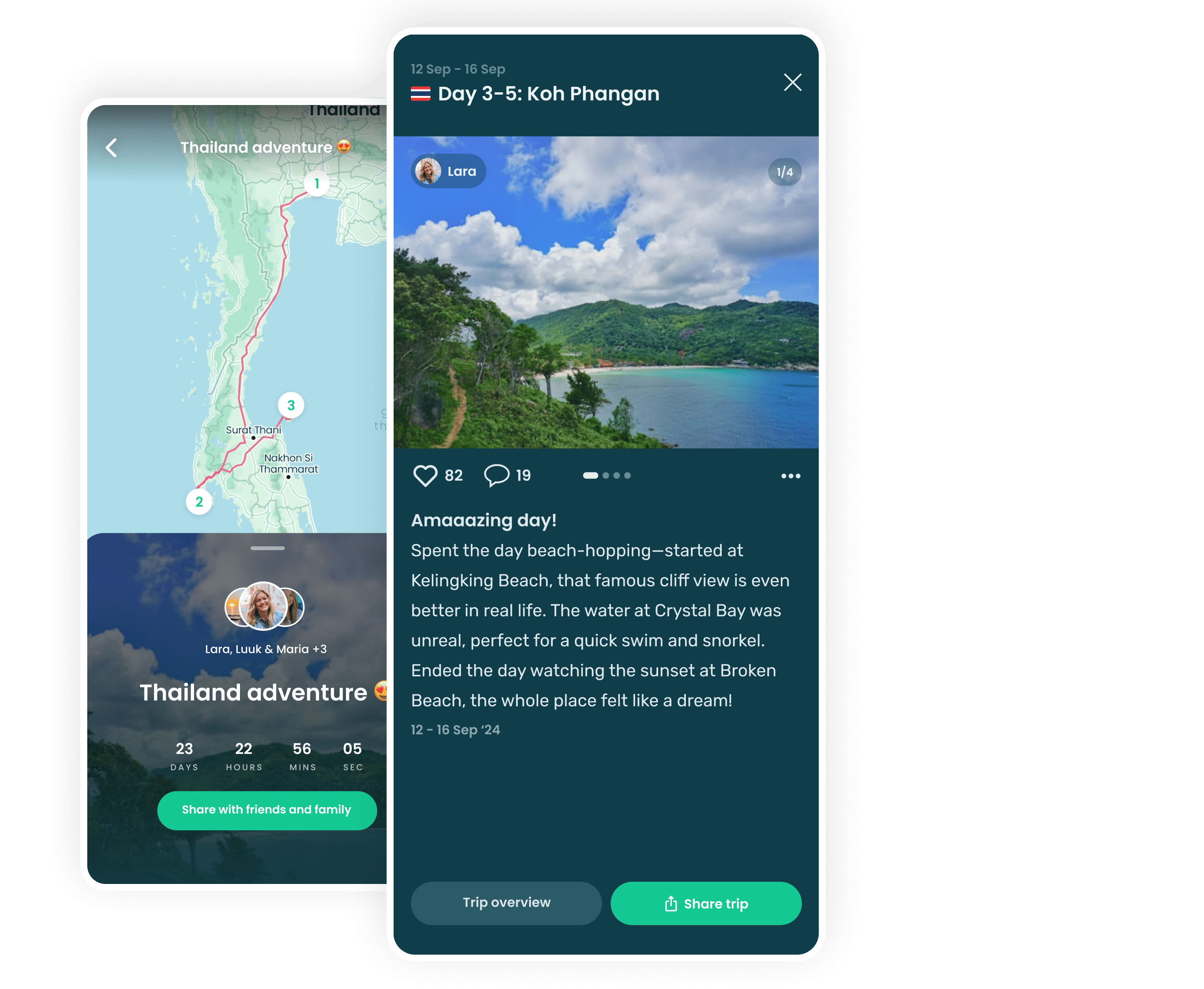 Stippl travel journal showing written entries and photos for a trip destination